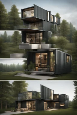 large house in the woods made from shipping containers, photorealistic