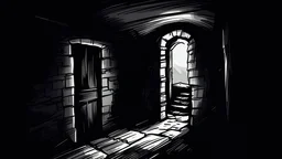 simple draw sketch of a no light dark room in a stony scary castle