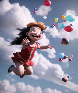 Ultra realistic speed clouds sky scene, wide angle view, childs falling down with many Childs background, circus dress style, feather color, free jumping flying, many trinkets, hair monster, many jelly beans, balls, color smoke, smile, happy, extreme, wind, clouds sea, 20,000 feet altitude, stratosphere, soft color, highly detailed, unreal engine 5, ray tracing, RTX, lumen lighting, ultra detail, volumetric lighting, 3d, finely drawn, high definition, high resolution.