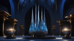 Three tall clear blue crystal spires stand on a deserted ocean island surrounded by beams of moonlight. High resolution 8K, moderate specularity, cinema 3D, chrome ball suspended, highly detailed, surrealism by Dorothea tanning, enrico donati
