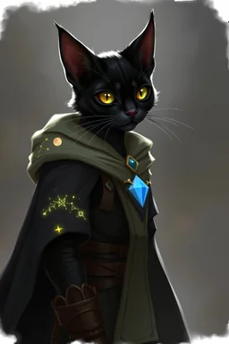 Tabaxi, DnD, black fur, Tall, Bard, Stylish cloak, bright constellations on arms, charming, shades