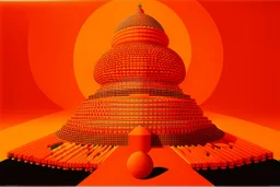 An orange colored food themed coliseum painted by Victor Vasarely