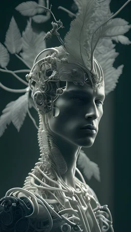 3D render ultra detailed of a handsome male , from knee to head, biomechanical cyborg, analog, 35 mm lens, beautiful natural soft rim light, big leaves and stems, roots, fine foliage lace, colorful details, samourai, earring, heavely tattoed, intricate details, mesh wire, mandelbrot fractal, facial muscles, cable wires, microchip, badass, hyper realistic, ultra detailed, octane render, volumetric lighting, 8k post-production, red and white, detailled metalic bones, semi human