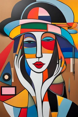 abstract paint from Lady in big hat , vibrant colors, folk art, non-figurative mode, style combined abstract art with dadaism, patchs, black lines, surrealism style