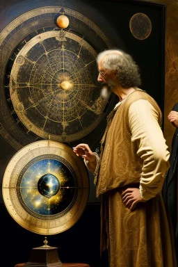 Merlin and DaVinci discussing astronomy while looking at an astrolabe , Rembrandt , masterpiece, oil + tempera, fine thin