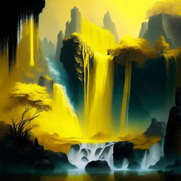 A yellow fantasy landscape with a waterfall