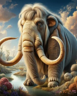 An ultra-detailed, ultra-intricate image of a wooly mammoth, almost entirely composed of yarn instead of fur. The Flo 'n Images shows a patchwork of yarn in tans, whites, & black in place of the hair. His face has tightly knitted cashmere yarn with expressive eyes. Other than his yarn coat the wooly mammoth is realistic looking and is in a beautiful hendry fantasy landscape of lakes and unusual plants, his fur is made of yarn with several skeins of yarn balls. The fantasy landscapte merges with