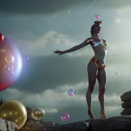 Ultra realistic circus scene. Classic acrobat woman, waist up view, Wes Anderson style, happy, bubbles, highly detailed, concept art, unreal engine 5, god rays, ray tracing, RTX, lumen lighting, ultra detail, volumetric lighting, 3d, finely drawn, high definition, high resolution.