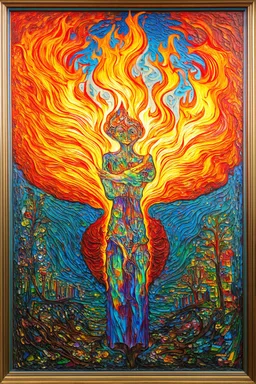 The flame of achemy reveals the essence of the self; Lowbrow Post-Impressionism; Hundertwasser; Kandinsky; Golden Hour; Iridescent; Controversial; Supremely Detailed; Marvelous; Whimsical