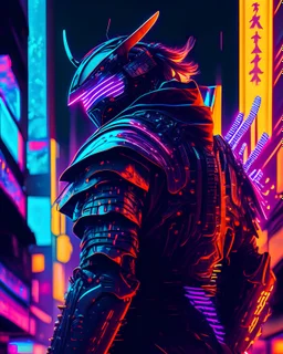 A cybernetic samurai warrior in a neon-lit urban setting, in the style of neo-noir, vivid colors, dynamic action, intricate armor design, futuristic cityscape, 16K resolution