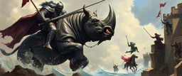 knights and lances tournament, horses hit hard, oil and airbrush, epic fantasy illustration, black giant on vampire rhino with steel gauntlets, scared knights jumping into water, people jumping off the castle walls