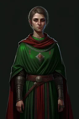 full length, tall, gangly, 22-year old, short haired, nordic looking grey-eyed female human cleric with a red beaded necklace, wearing scale mail, no earrings, dark green robes