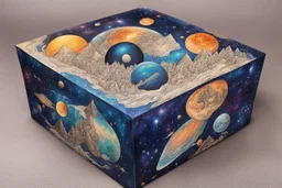 a box for storing things with beautiful drawings a lot of colours, very detailed, angels, minerals, planets space, galaxies, pyramids on a planet