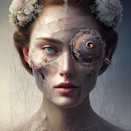 broken, cracked-open woman's face, fine detail, highly intricate, wearing bridal veil, modern surrealism painting, high-quality, volumetric lighting, 8k, ultrahd, George Grie, Marco Escobedo, Igor Morski