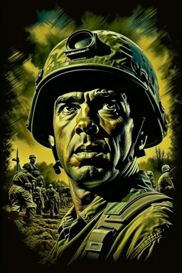 A movie poster of a is an American soldier ground level camera view looking up camera shots in the style of oil painting