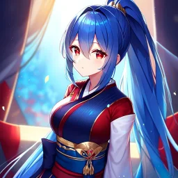 girl, masterpiece, best quality, volumetric lighting, detailed outfit, perfect eyes, blue hair, red eyes, long hair, ponytail, obi,