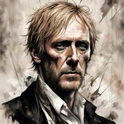 Portrait of Rhys Ifans, by Dino Valls, by Russ mills, dramatic, background is an elusive drug hallucination, spotlight effect, concept art