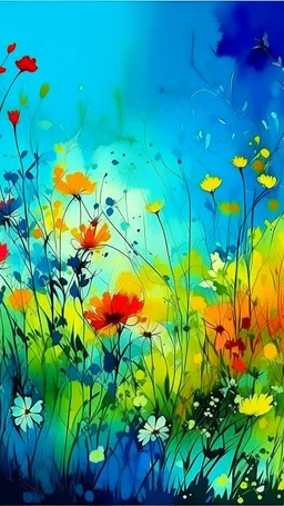 a smear . Field of wild a colorful flowers watercolor drawing on a blue splash colors background
