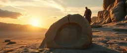 Scene: A wide desolate rocky landscape Action: One enormous imprint in the stone from a foot Lighting: Sunset or moonlight casting long shadows Caption placement: Floating above the scene or carved into stone In the background we see an enourmous giant man with ancient clothing