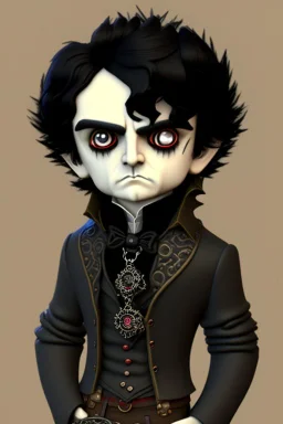 black haired black eyed young man necromancer steampunk Gnome that looks like a young Edgar Allan Poe with gothic jewelry in the style of Charles Addams