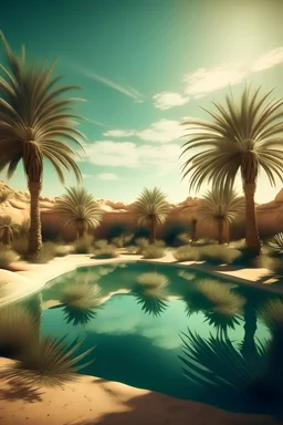imagen estilo fotografía de un oasis en medio de un desierto con estilo futurista
