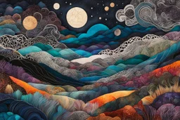 abstract fabric collage overlayed with Zentangle patterns that depicts the vastly diverse, rugged landscape of Nature beneath an ethereal, cosmic night sky, highly detailed, vibrant natural color, with bold ink outlining