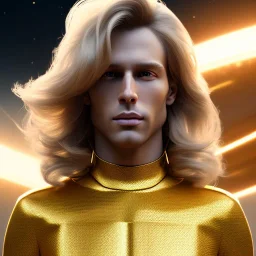 beautiful cosmic golden male, long hair, nice smiling, delicate colors, beautiful glamour galactic golden dress, ultra sharp focus, 8k, unreal engine 5, extremely sharp detail, light effect, soft light atmosphere of a spaceship, smooth, full of details, face in front, complete vision of face and body