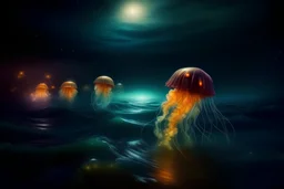 art Atlantic Ocean storm of glowing jellyfish and lights in the night