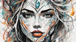 create an abstract expressionist illustration of a deeply spiritual, ethereal, darkly magical, epic nomadic tundra huntress with highly detailed and deeply cut facial features, searing lines and forceful strokes, precisely drawn, inked, with vibrant striking colors