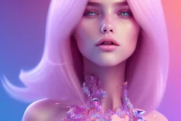 beautiful, soft, blues soft eyes, smiling, whole top head,whole head, straight and blonde long hair, brillante suit, background pink and brillante, background crystal castle,dont cut the top of the head,8K