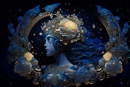 sky in a starry night with glowing meteor showers, ascension of a woman in flower crown decomposing and dissolving into moon, dark - blue black gold beige saturated, ornate baroque rococo art nouveau intricate detail, 3 d specular lighting, cinematic