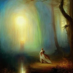 romantic era painting, william Turner, watercolor, dark robed poet in magical forest