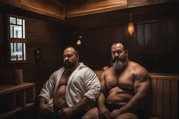 full body shot photography, two muscular chubby ugly burly marocan men , sweat, bulge, masculine hairy 43 year old man, curly hair, manly chest, curly beard ,big shoulders, big arms, big legs, bulge,, ambient occlusion , lying down sleeping in a steamy Sauna, super high resolution, 8k, dim light, side light, ultra hyper realistic, frontal view