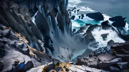 This mesmerizing ocean cliff scene captures the dramatic power and beauty of nature. Towering rugged cliffs stand majestically against the vast expanse of the ocean, where the water pours into a singular bottomless pit. The cliffs, with their sharp and jagged edges, create a stark contrast to the rough, flowing water, making the scene even more captivating. Sunlight pierces through the mist rising from the waterfalls, creating a magical, ethereal atmosphere