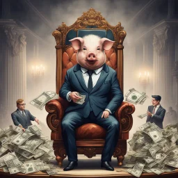 rich pig in suit on a throne making stacks of money by making a deal with a buisnessman. background of musicians. baksinski style