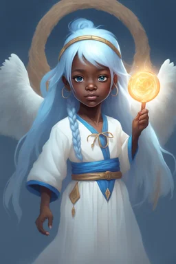 Little 6-year-old sorceress girl, black skin, blue eyes, long, straight snow-white hair, dressed in an ancient and ancestral blue two-piece sorcerer's garment, overflowing with a mythical golden aura, in a primitive village in the mountains