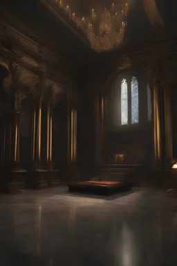 Toomb of the vampire Count Strahd Von Zarovich. Grand room, stone and marble, dark, black coffin made of polished ebony wood and brass. No windows. Perspective