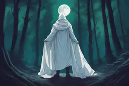 pessoa usando uma máscara azul pintada com branco e um manto branco no meio da floresta olhando pra frente, árvores verdes e muita mata, a noite, desenho do espírito da lua, imagem cinematográfico, com cores vibrantes, espírito olhando pra a quarta parede