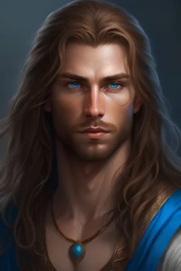 A man in his thirties, fair skinned, long light brown hair, long bony face, bright blue eyes, clean shaven, muscular but lean, realistic epic fantasy style