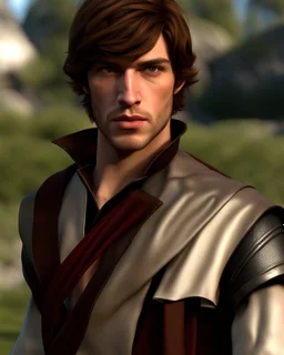 young noble swordman short brown hair photorealistic