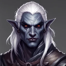 Generate a dungeons and dragons character portrait of the face of a male gloom stalker ranger very ugly drow with a bow on his back. He has white hair, eyebrows.