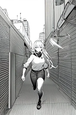 military girl runs down the street, greyscale