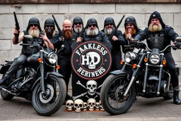 a very hard and tuff motorcycle bald gang, posing with their Harley Davidsson bikes, some of them holding guns and shotguns, a logo sign with Falköpings HD Club, "Fearless sinners" Skulls and bones, skeletons