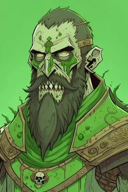 a anime drawing of a green zombie with a beard and scars, in medieval armour