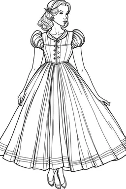 Outline art for coloring page OF 1945 MARY JANE DRESS FOR GIRLS, coloring page, white background, Sketch style, only use outline, clean line art, white background, no shadows, no shading, no color, clear