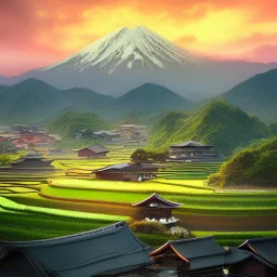 incredible, stunning japanese rice fields with wood shanties, mountains in the distance, colorful morning sky and mist, 8k, high-quality, ultrafine-detail, intricate, detailed matte, digital painting, artwork, brian froud, howard lyon, Scott Gable, Wajima Ishikawa, Mu Cang Chai, Greg Rutowski