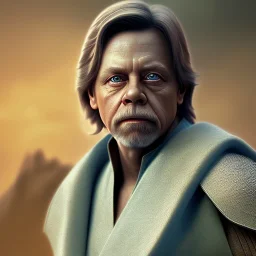 upper body photorealistic jedi mark hamill in Star Wars, sharp blue eyes, photorealistic weathered skin, jedi robe, cinematic lighting, intricate