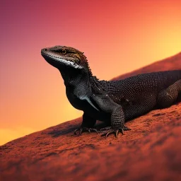 Black monitor lizard floating behind a sunset