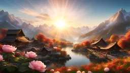 (autumn:1.3) ,sunrise,mountains and a wooden village on river, (Peony flowers on foreground), sunrays, lens flare, 4k highly detailed digital art, 8k hd wallpaper very detailed, impressive fantasy landscape, sci-fi fantasy desktop wallpaper, 4k detailed digital art, sci-fi fantasy wallpaper, epic dreamlike fantasy landscape, 4k hd matte digital painting, 8k stunning artwork,Realistic, realism, hd, 35mm photograph, 8k, dusty atmospheric haze, (natural colors, correct white balance, color correcti