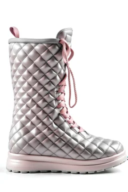 Rose puffer boots with a grey embossed large grid pattern and a rose sole